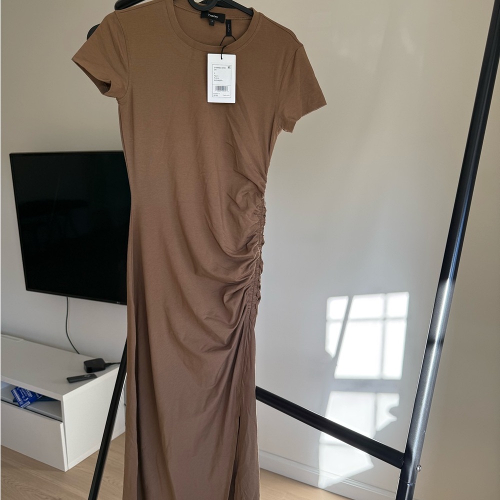 NWT Theory Shirred Tee Midi Dress Size P Brown Stretch Modal Cotton Ruched